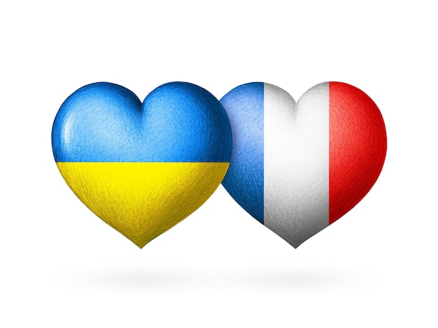 Cuore di due bandiere Bandiere di Ucraina e Francia Due cuori con i colori delle bandiere