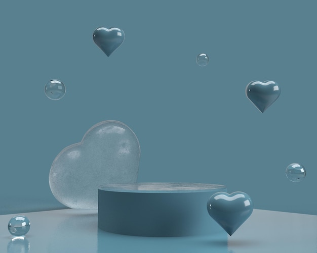 cuore di ghiaccio sullo sfondo blu con rendering 3d del podio del prodotto blu