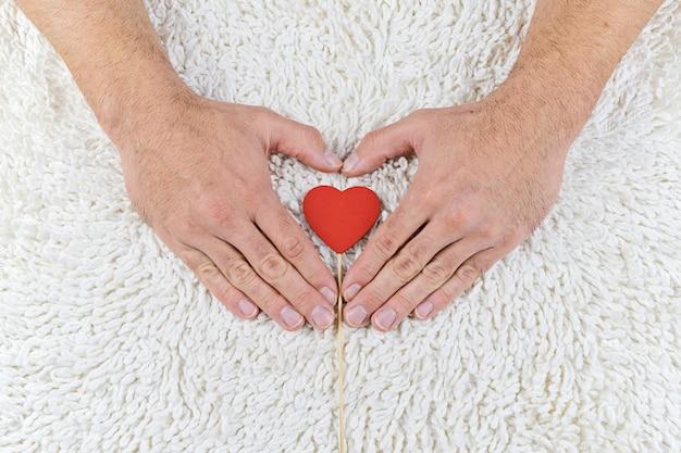 Cuore di legno rosso nel tenersi per mano sul fondo lanuginoso bianco