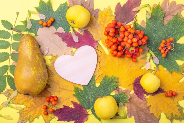 Cuore di legno su foglie autunnali cadute secche multicolori rosse, arancioni, verdi e bacche di sorbo arancione, mele e pere su sfondo giallo. L'autunno è la stagione preferita