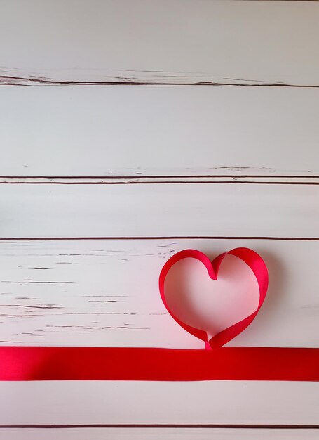 Cuore di nastro rosso su uno sfondo bianco di legno in una famiglia o in un matrimonio romantico per il giorno di San Valentino