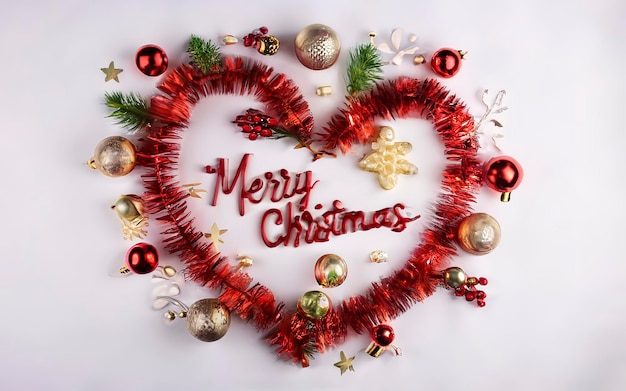Cuore di Natale e ornamenti su sfondo bokeh astratto su sfondo bianco