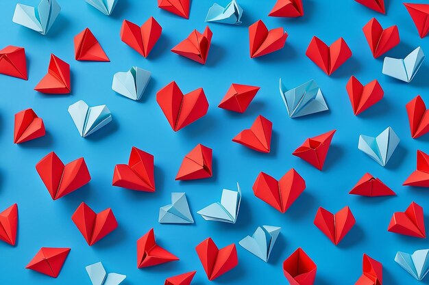 Cuore di origami rosso su uno sfondo di carta blu