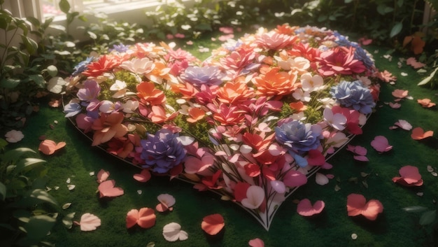 Cuore di petali che crea sogni romantici su un letto di fiori