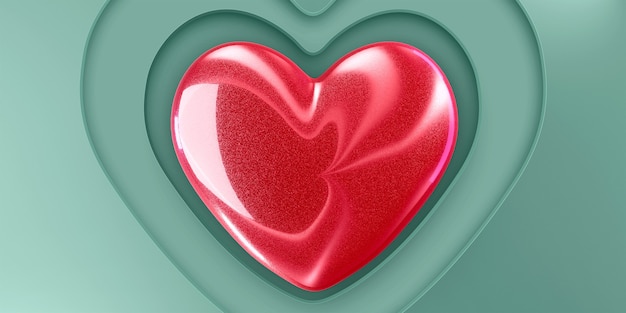 Cuore di pietra lucido in rosso, su carta verde con cuori ritagliati.