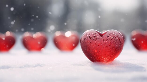 Cuore di vetro rosso nella neve Closeup concetto di festa di San Valentino