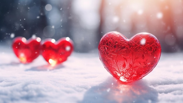 Cuore di vetro rosso nella neve Closeup concetto di festa di San Valentino