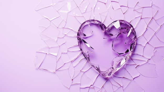Cuore di vetro rotto su sfondo viola concetto di San Valentino il concetto di divorzio