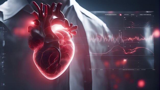 Cuore e cardiogramma in mano maschile rendering 3D