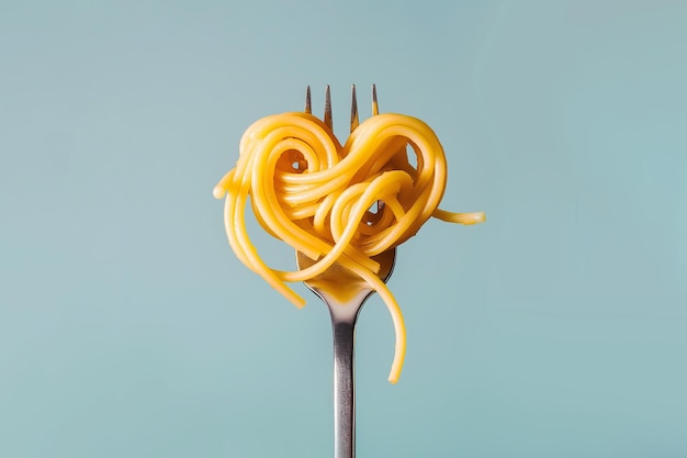 Cuore fatto con pasta su forchetta Vortice di spaghetti a forma di cuore Pasta amore cucina italiana Copia elemento di design dello spazio per il menu per il ristorante italiano pasta bar concetto alimentare creativo