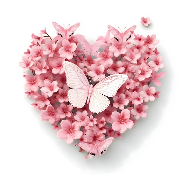 Cuore fatto di fiori rosa e farfalle su uno sfondo bianco