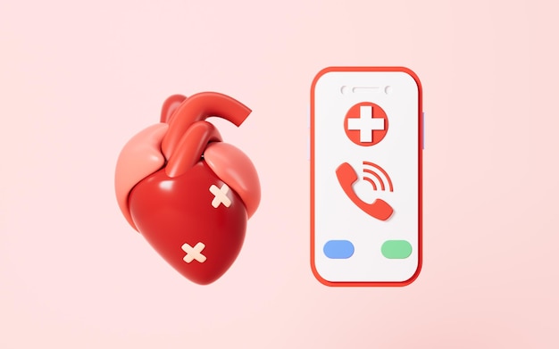 Cuore ferito e chiamata di emergenza salute del cuore trattamento del cuore rendering 3d