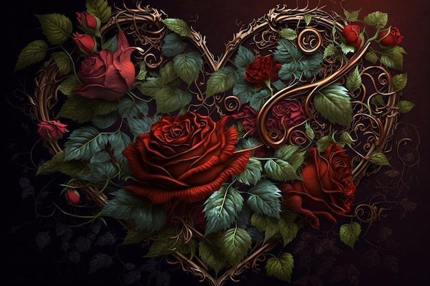 Cuore floreale di rose rosse e foglie verde scuro L'immagine moderna disegnata viene generata con l'uso di elementi di design del concetto AI Love per l'invito da cartolina Vacanze di San Valentino