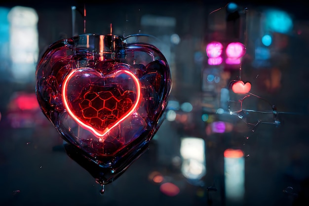 Cuore hightech al neon cyberpunk nella rete neurale dell'ambiente notturno della città generata pittura artistica