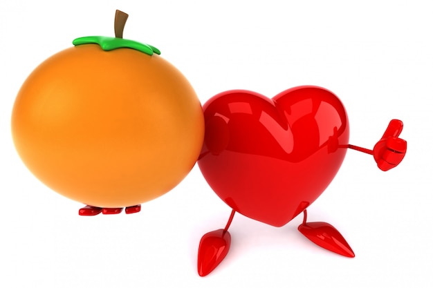 cuore illustrato divertente che tiene una frutta arancione