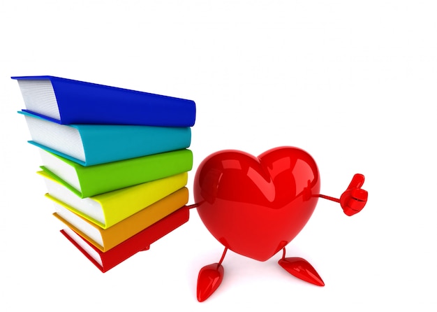 cuore illustrato divertente che tiene una pila di libri