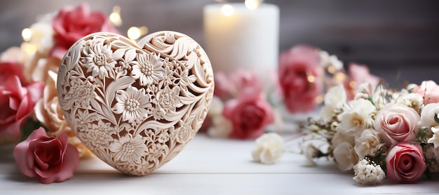 Cuore in legno scolpito con rose bianche e candele su sfondo in legno spazio di copia AI generativa