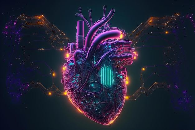 Cuore informatico dell'Intelligenza Artificiale Fili e circuiti collegati Vita futuristica AI generativa