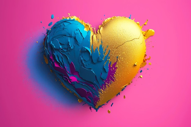 Cuore magenta e blu con peli dorati su sfondo giallo creato con intelligenza artificiale generativa