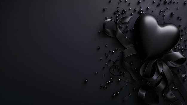 Cuore nero di lusso con nastri di satin su uno sfondo di consistenza scura