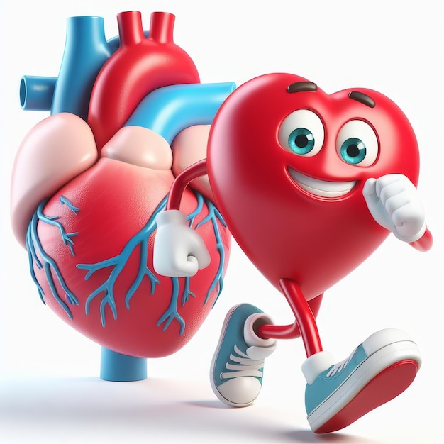 cuore organo 3d cartone animato cuore sorridente corre su sfondo bianco Giornata mondiale del cuore