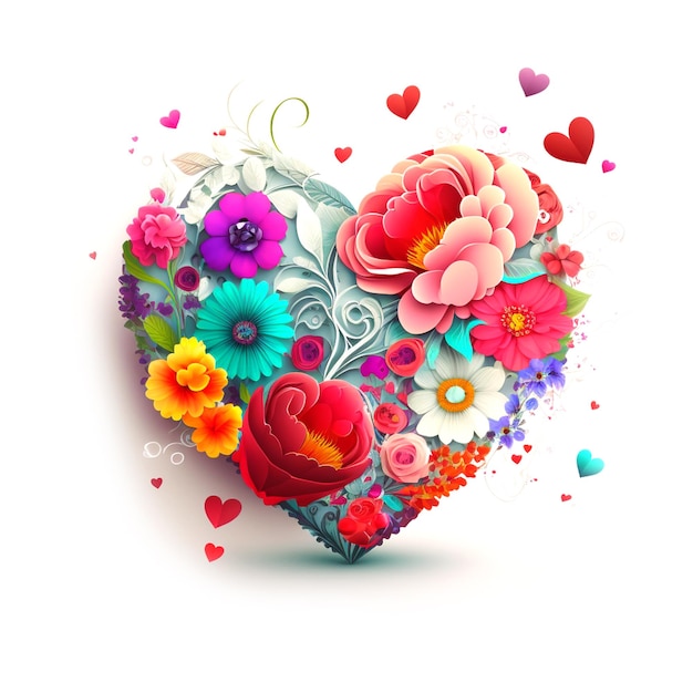 Cuore romantico floreale e fiori Illustrazione di amore di San Valentino su sfondo bianco