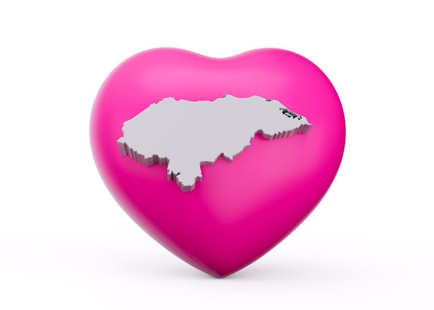 Cuore rosa 3d con mappa bianca 3d dell'Honduras isolato su sfondo bianco illustrazione 3d