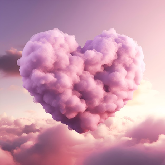 Cuore rosa con nuvole nel cielo 3d render illustration