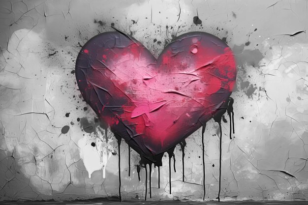 cuore rosa dipinto con vernice a spruzzo su una parete grigia rotta
