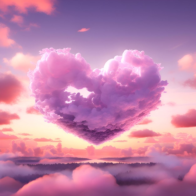 Cuore rosa sullo sfondo del cielo con nuvole rendering 3D