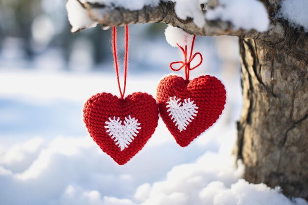 Cuore rosso a maglia sui rami di un albero nella neve