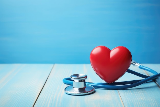 Cuore rosso con battito cardiaco o frequenza cardiaca e stetoscopio su sfondo blu in legno Copia spazio Assistenza medica e sanitaria