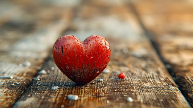 Cuore rosso con gocce d'acqua su uno sfondo di legno San Valentino