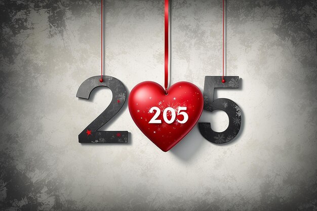 Cuore rosso con la decorazione del numero 2025 appeso sulla parete sullo sfondo grunge concetto di buon anno nuovo