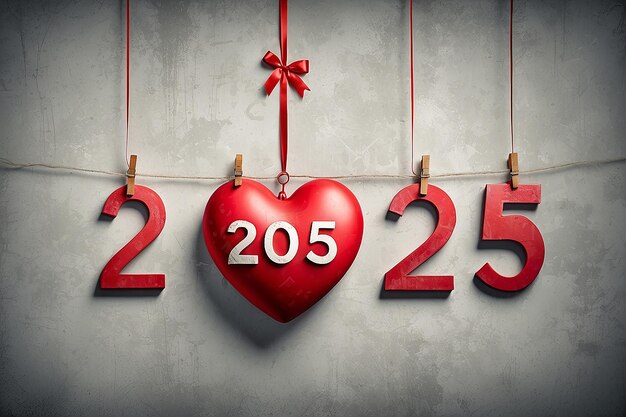 Cuore rosso con la decorazione del numero 2025 appeso sulla parete sullo sfondo grunge concetto di buon anno nuovo