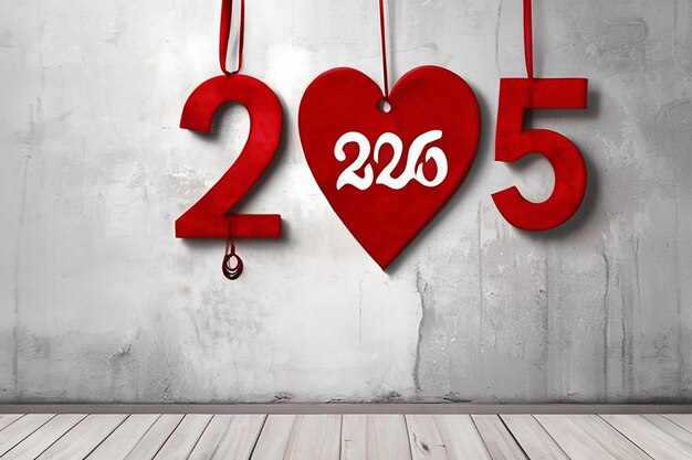 Cuore rosso con la decorazione del numero 2025 appeso sulla parete sullo sfondo grunge concetto di buon anno nuovo