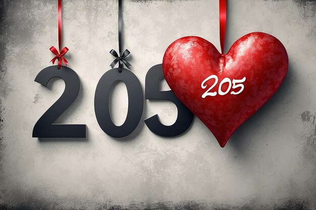 Cuore rosso con la decorazione del numero 2025 appeso sulla parete sullo sfondo grunge concetto di buon anno nuovo