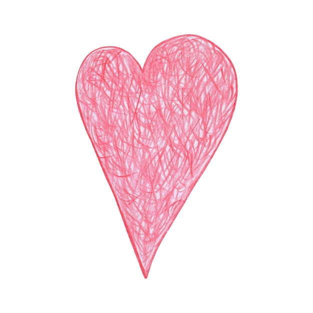 Cuore rosso disegnato a matita colorata Il segno della Giornata mondiale del cuore Simbolo di San Valentino a forma di cuore isolato su sfondo bianco