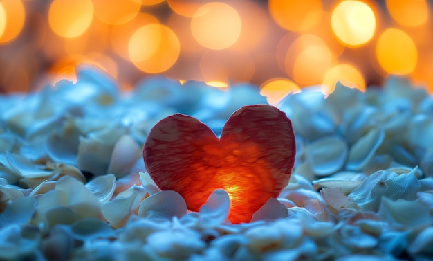 cuore rosso luminoso decorato con petali di rosa e sfondo bokeh