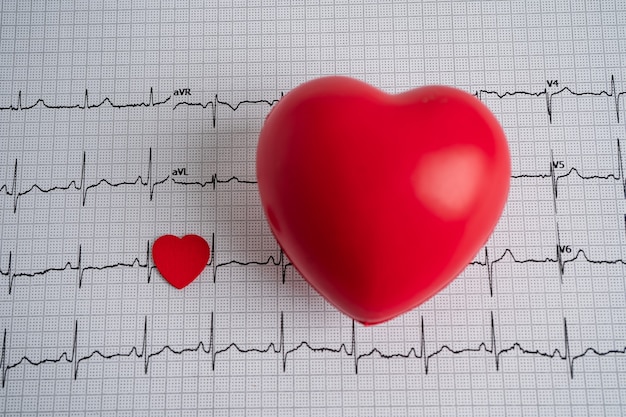 Cuore rosso sul grafico dell'elettrocardiogramma ECG, onda cardiaca, attacco di cuore, rapporto del cardiogramma.