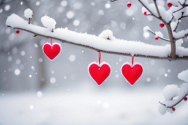 Cuore rosso sul ramo di un albero innevato in inverno Buon Valentino sullo sfondo del concetto di amore del cuore