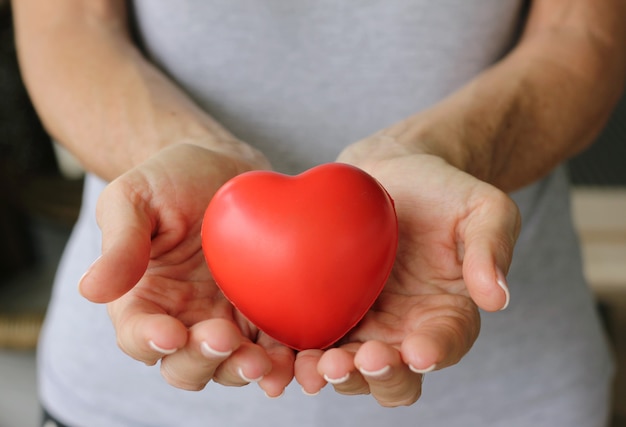 Cuore rosso sulle mani della donna