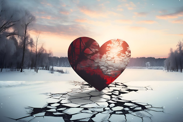 Cuore spezzato su uno sfondo di rendering 3d del paesaggio invernale