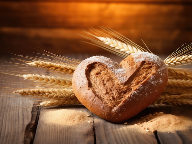 Cuore su pane di grano, panino a forma di cuore su tavolo di legno, piccolo pane rotondo su legno, sfondo rustico