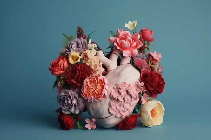 Cuore umano con fiori amore ed emozione concetto