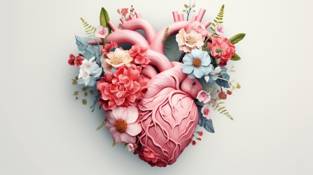 Cuore umano con fiori e foglie su sfondo bianco Illustrazione creativa colorata Visual for design of medical