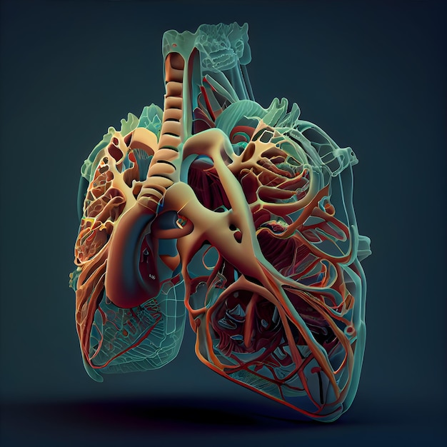 Cuore umano con sistema circolatorio su sfondo scuro rendering 3D