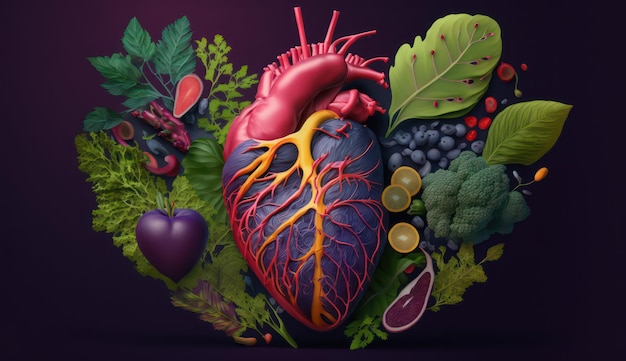 cuore umano illustrato fatto di verdure fresche piante e frutti isolati IA generativa