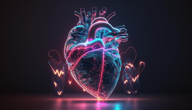 Cuore umano neon bagliore al neon organo anatomia illustrazione vettoriale immagine AI generato art