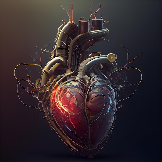 Cuore umano su sfondo scuro rendering 3d Disegno digitale del computer